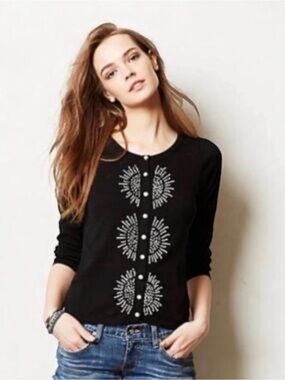 Anthropologie HWR Black Embellished Cardigan Size S Beaded Button Front